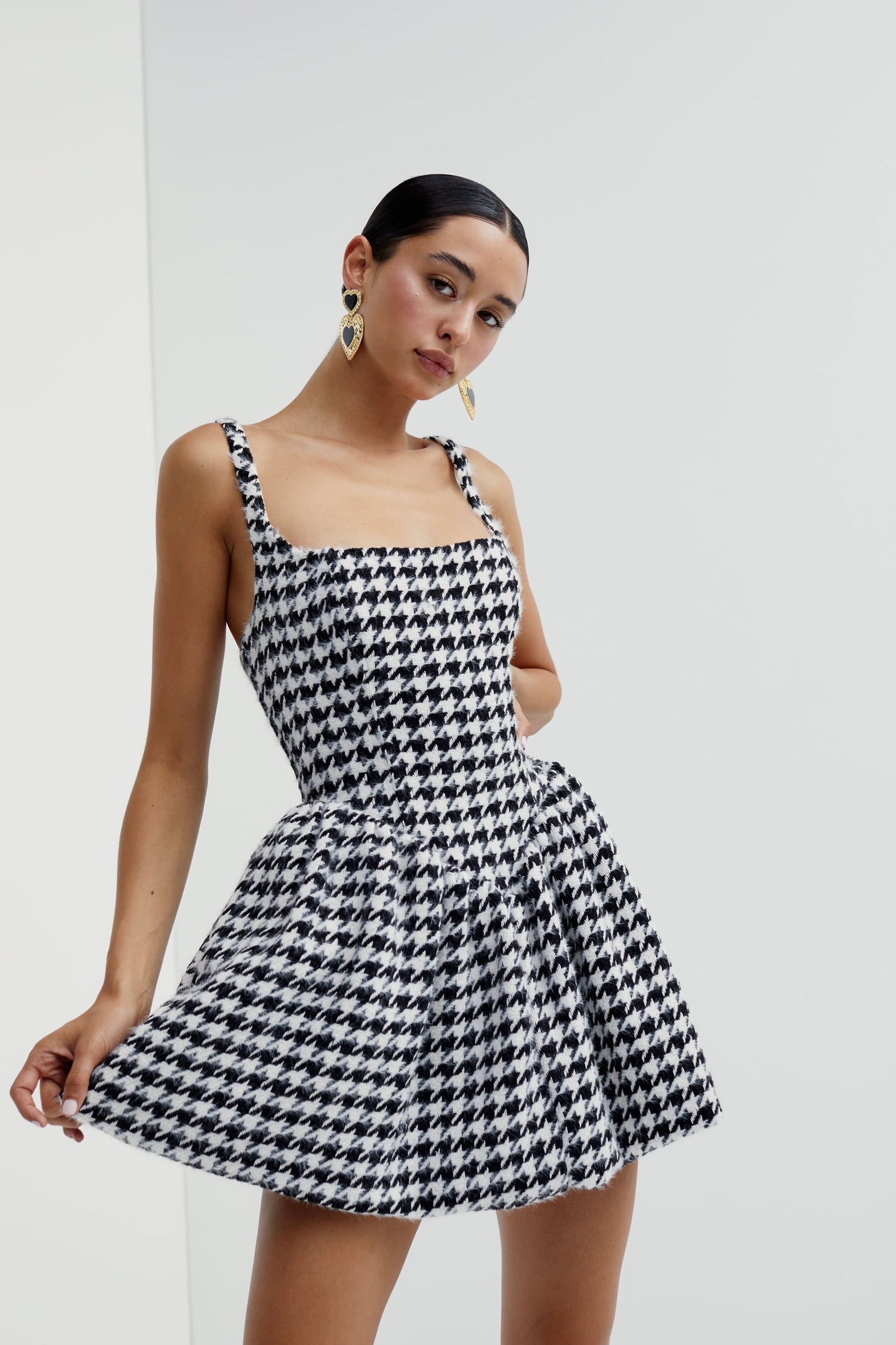mini houndstooth dress HOUNDSTOOTH BELTED BODYCON MINI DRESS L / Black