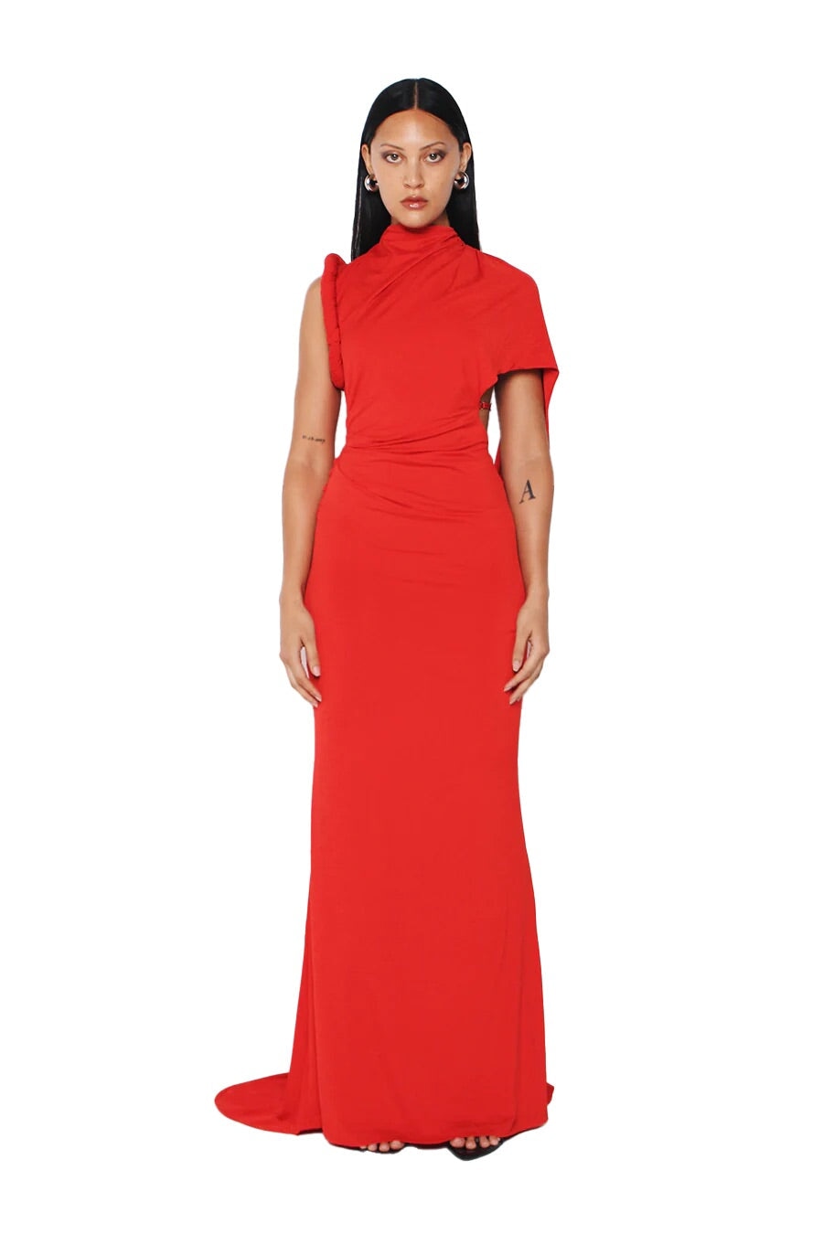neon red dress Neon Long Prom Dress with Detachable Cape