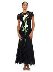 Leo Lin Monique Embroidered Lace Maxi- Ebony Dress