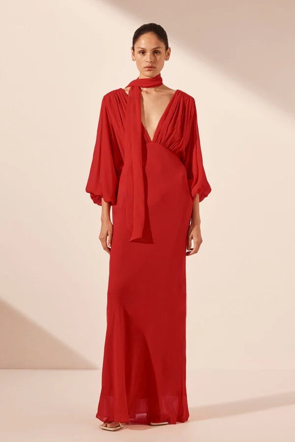 Shona Joy Amina Plunge Balloon Sleeve Maxi Chilli Dress