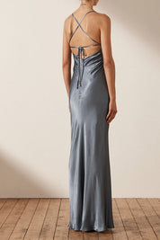 Shona Joy La Lune Backless Ruched Maxi Smoke Blue