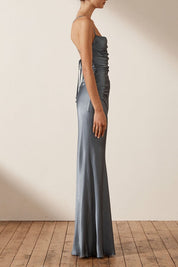 Shona Joy La Lune Backless Ruched Maxi Smoke Blue