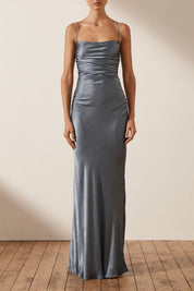 Shona Joy La Lune Backless Ruched Maxi Smoke Blue
