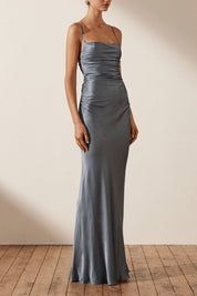 Shona Joy La Lune Backless Ruched Maxi Smoke Blue