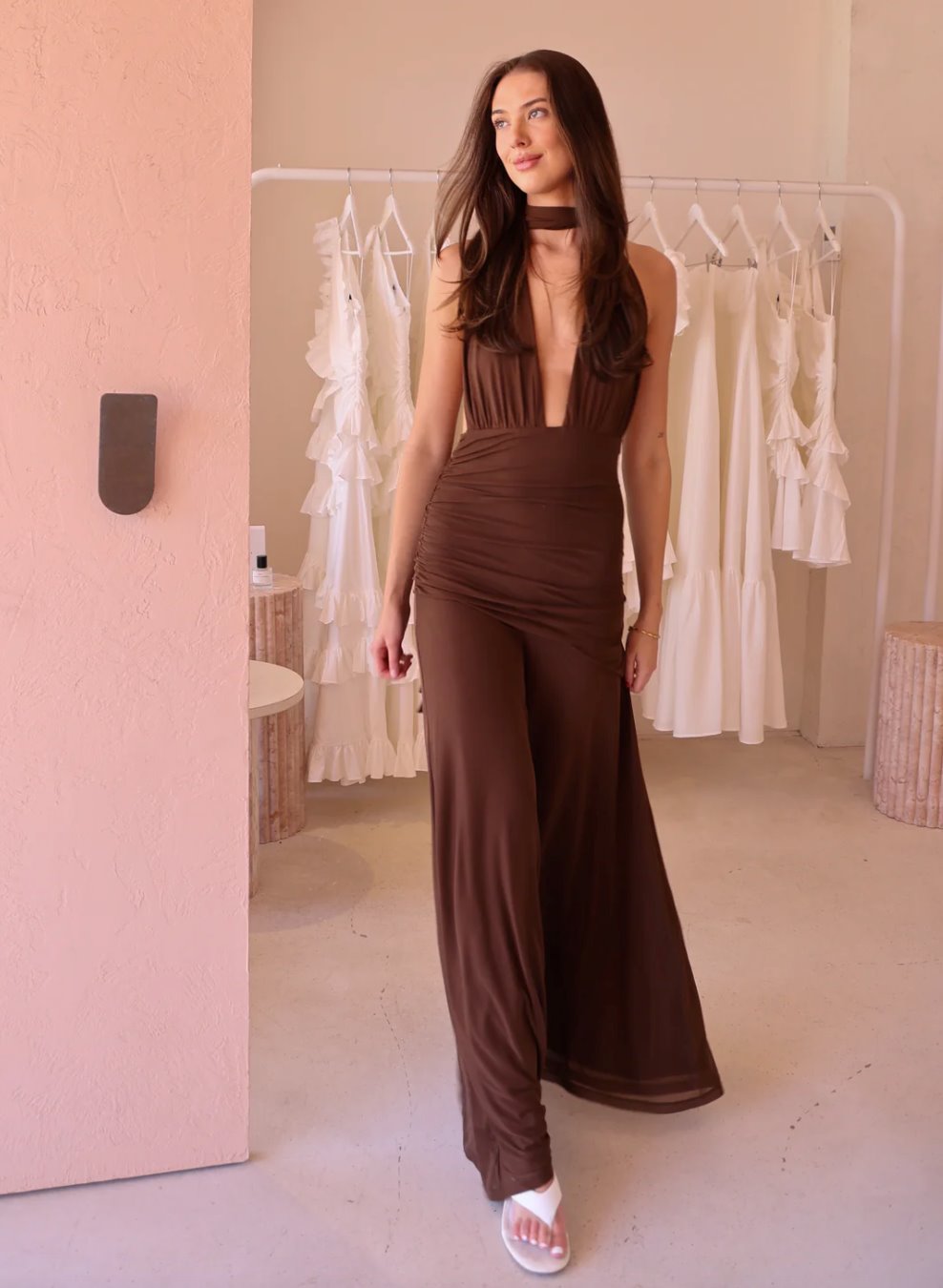 By Nicola Fiesta Halterneck Maxi Dress in Chocolate Dress 