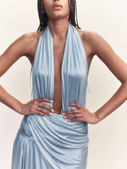 Courtney Zheng Selene Plunge Jersey Gown Blue Dress 