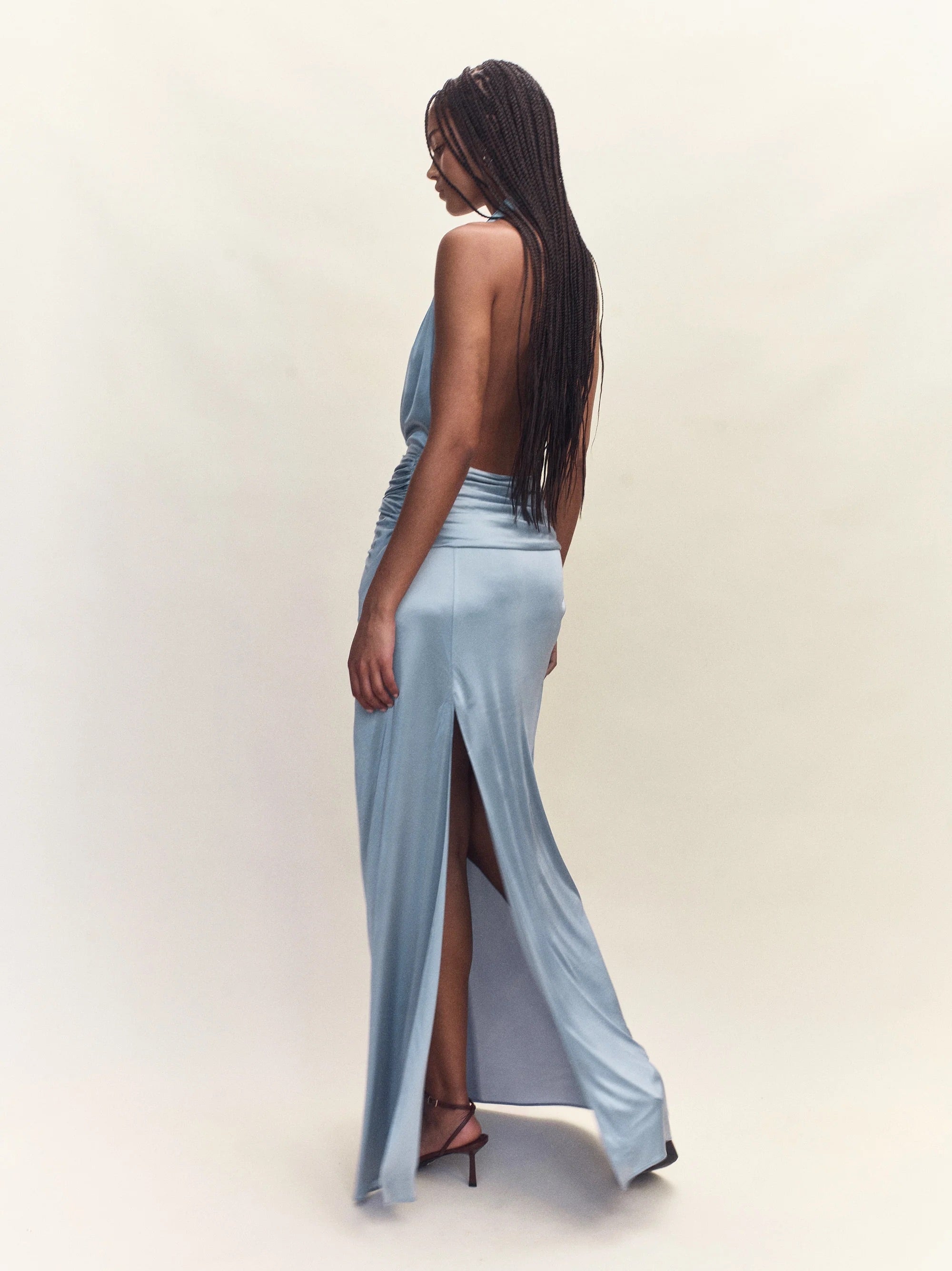 Courtney Zheng Selene Plunge Jersey Gown Blue Dress 