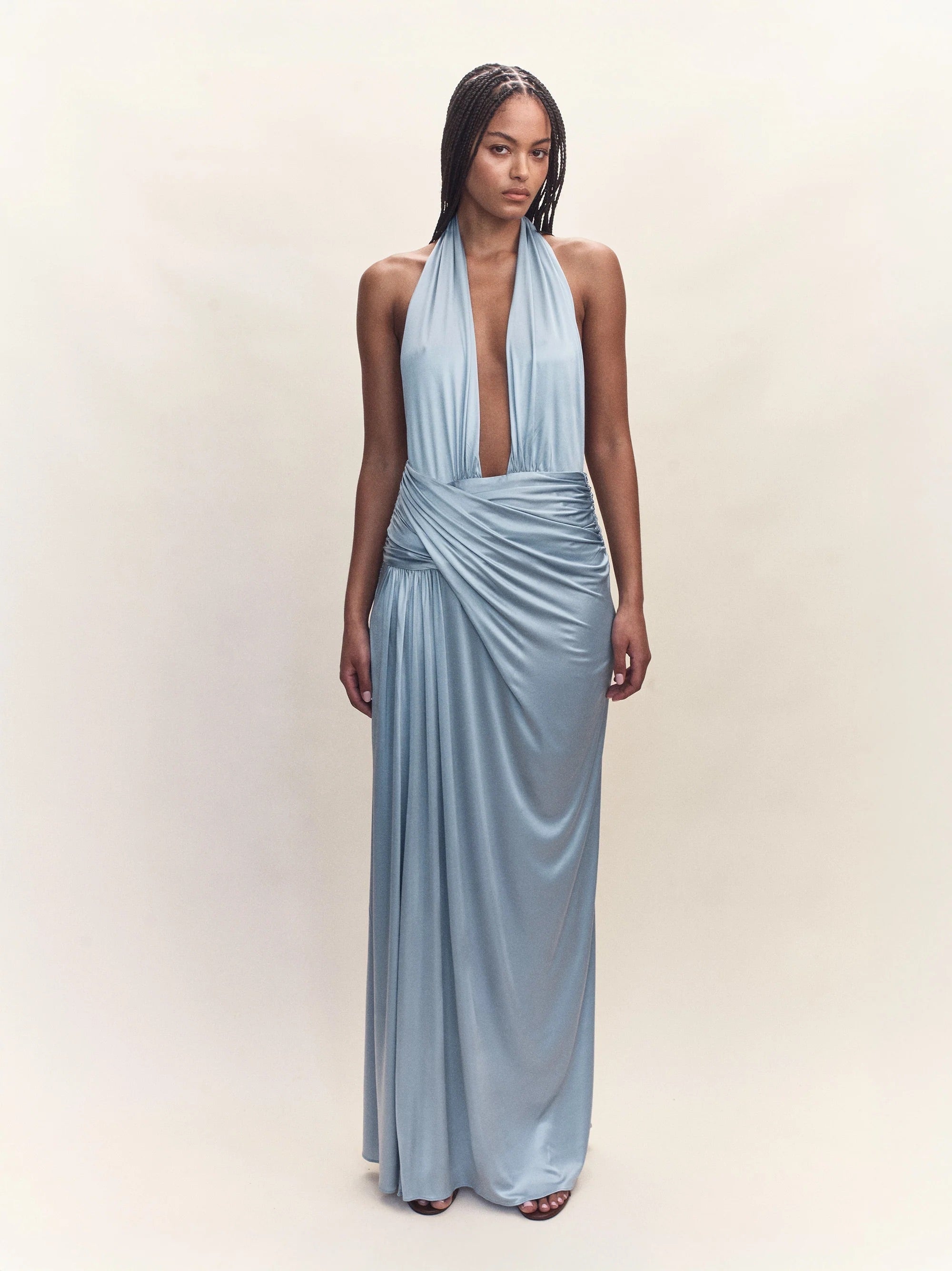 Courtney Zheng Selene Plunge Jersey Gown Blue Dress 