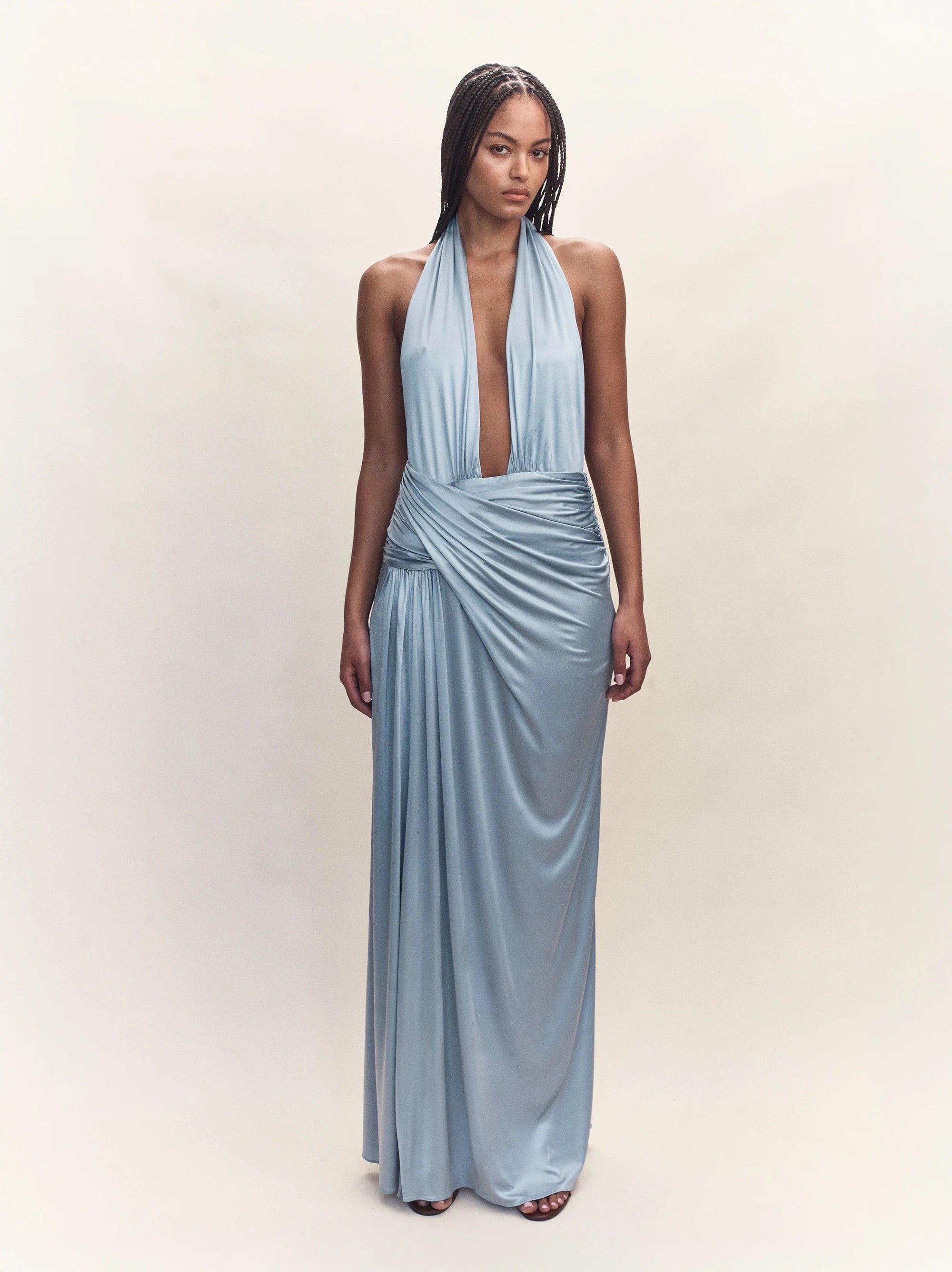 Courtney Zheng Selene Plunge Jersey Gown Blue Dress 