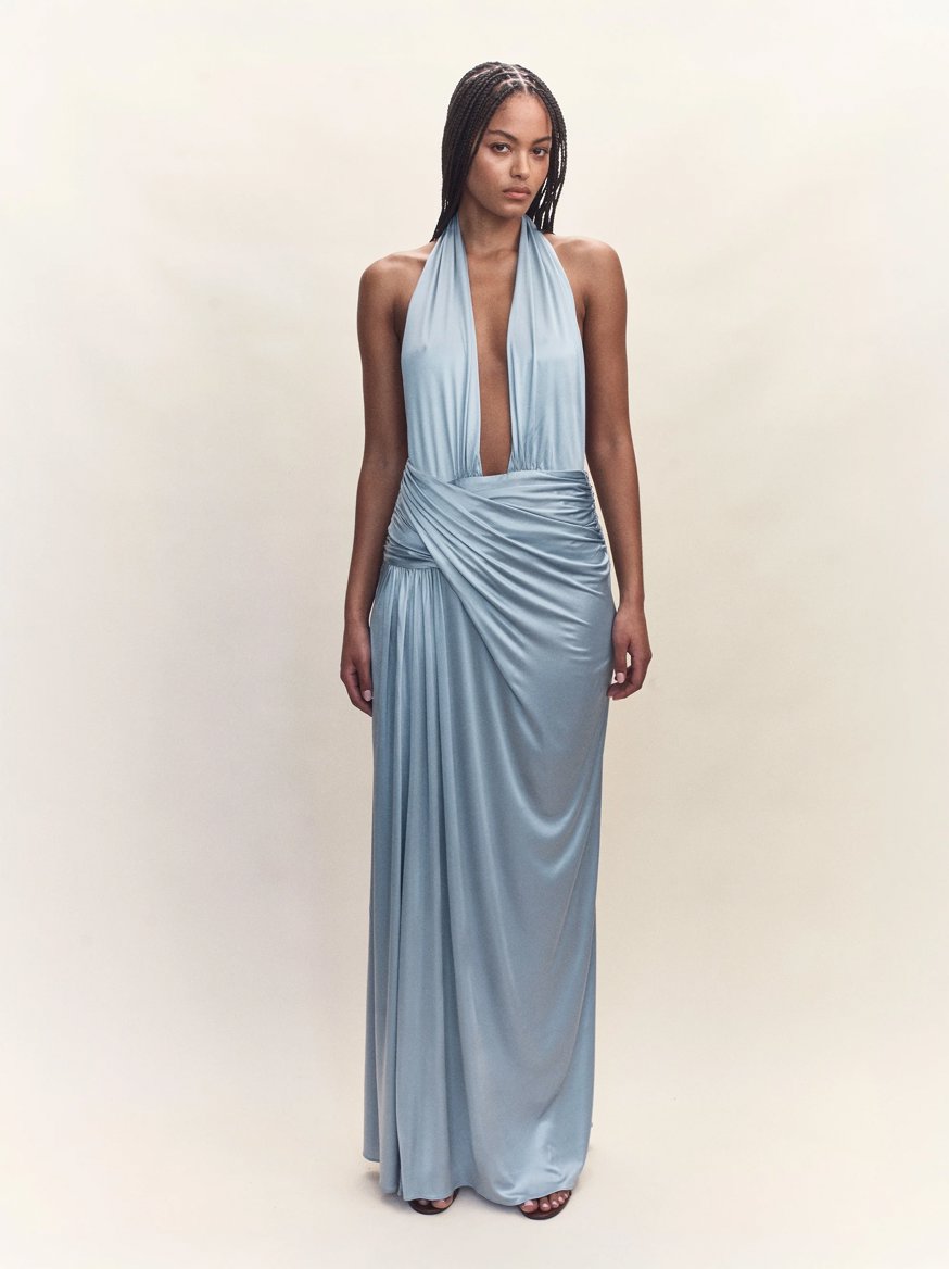 Courtney Zheng Selene Plunge Jersey Gown Blue Dress 