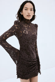 De La Vali Bodita Mini Dress in Brown Cotton Lace Dress 