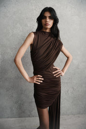 De La Vali Ravenna Mini Dress in Chocolate Brown Jersey Dress 