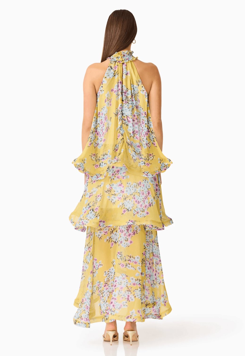 Elliat Briony Tiered Gown in Yellow Floral Dress 