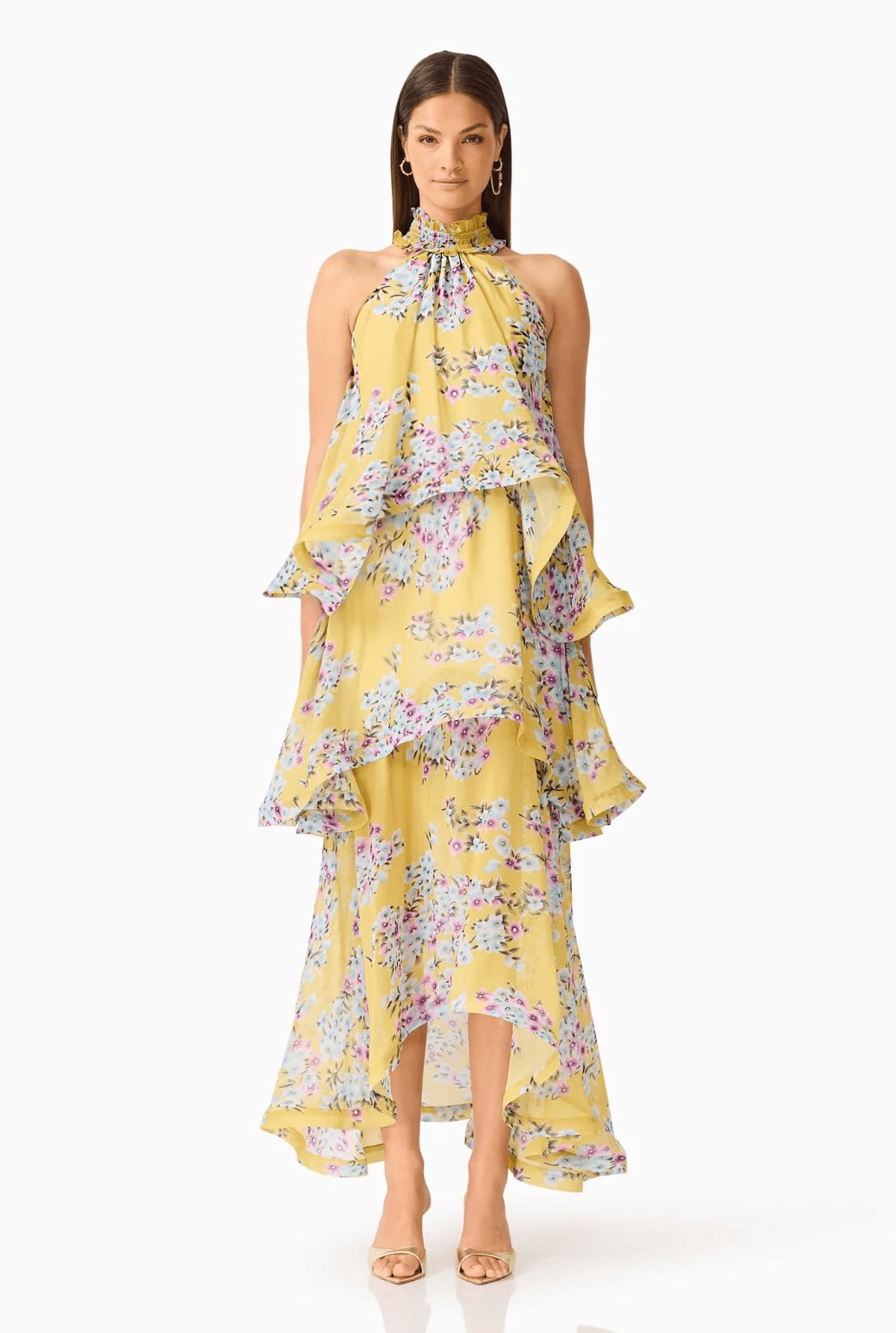 Elliat Briony Tiered Gown in Yellow Floral Dress 