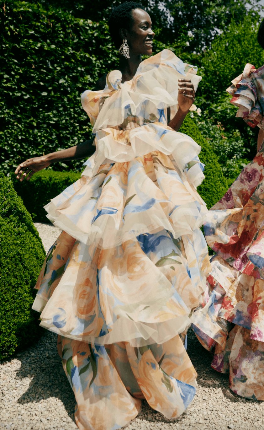 Leo Lin Paloma One Shoulder Ruffle Gown Bouquet Print Dress 