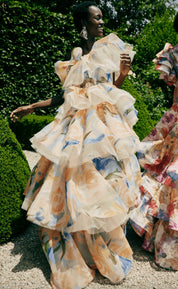 Leo Lin Paloma One Shoulder Ruffle Gown Bouquet Print Dress 