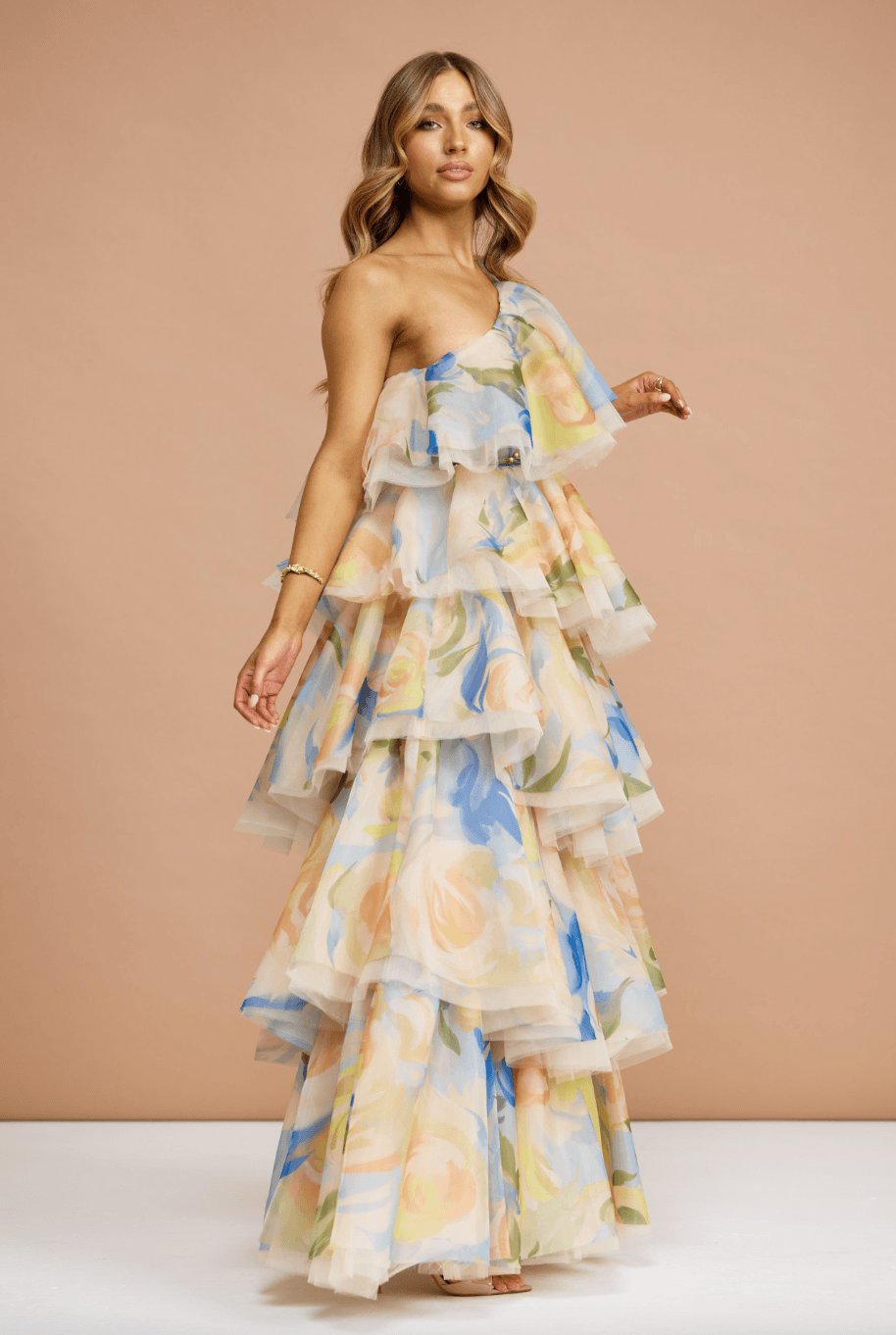 Leo Lin Paloma One Shoulder Ruffle Gown Bouquet Print Dress 