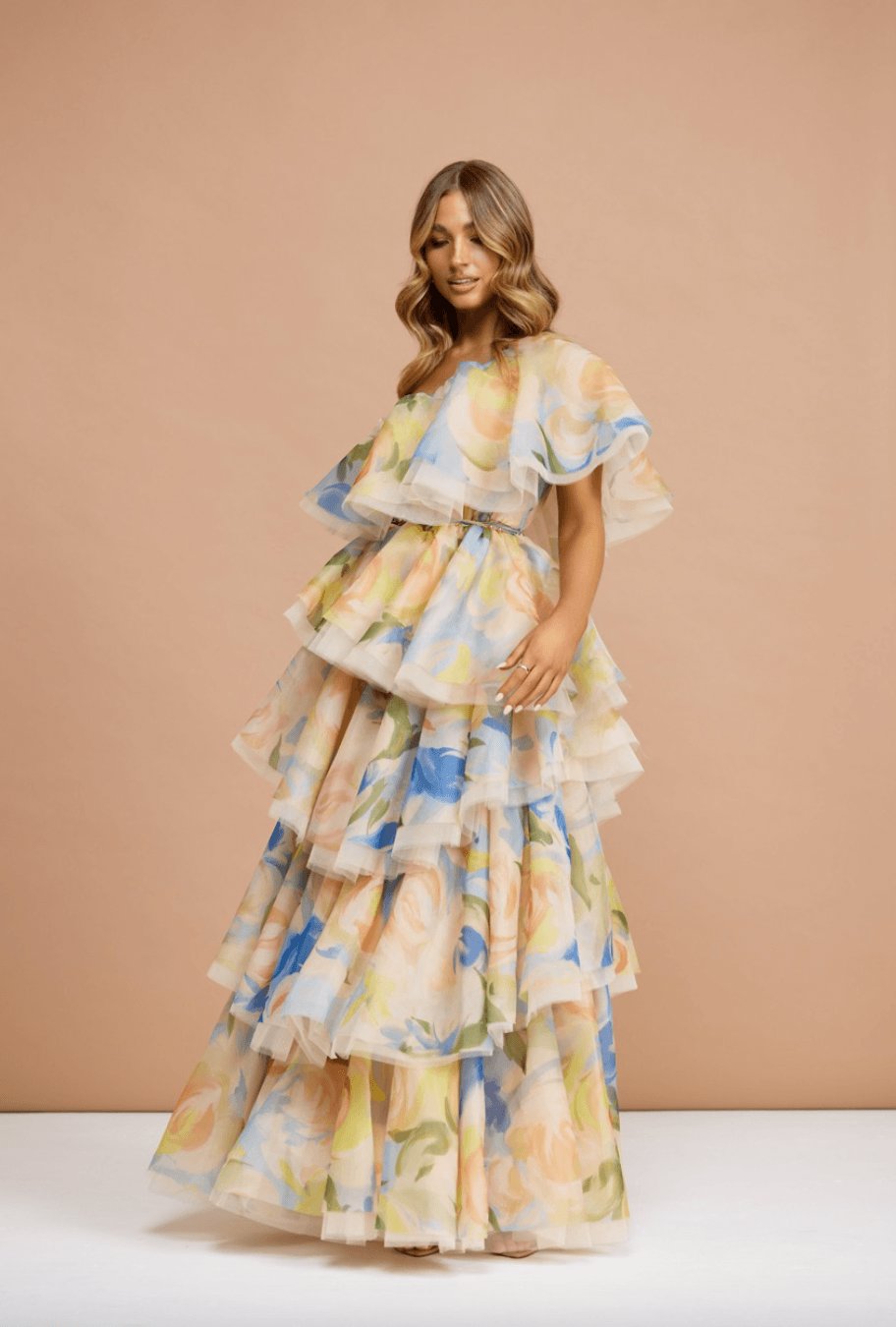 Leo Lin Paloma One Shoulder Ruffle Gown Bouquet Print Dress 