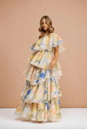 Leo Lin Paloma One Shoulder Ruffle Gown Bouquet Print Dress 