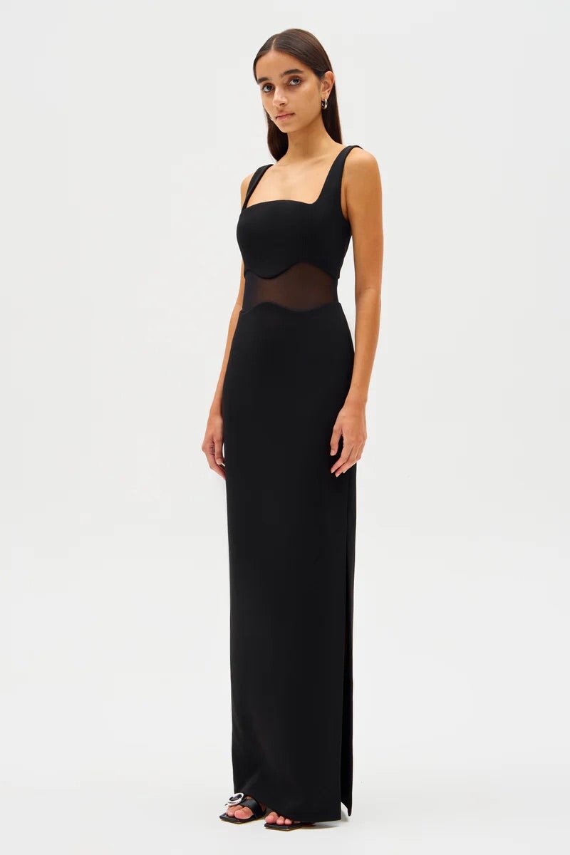 Misha Damita Crepe & Mesh Maxi Dress 