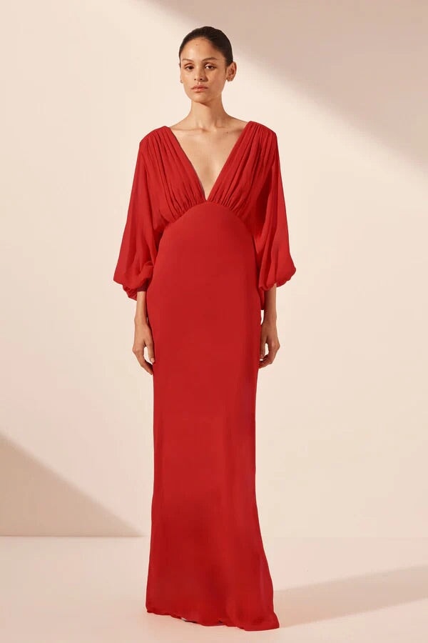 Shona Joy Amina Plunge Balloon Sleeve Maxi Chilli Dress 