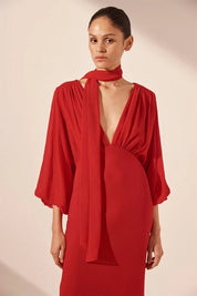 Shona Joy Amina Plunge Balloon Sleeve Maxi Chilli Dress 