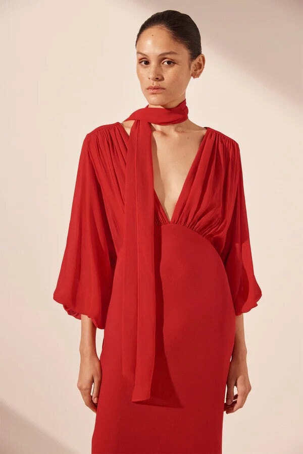 Shona Joy Amina Plunge Balloon Sleeve Maxi Chilli Dress 