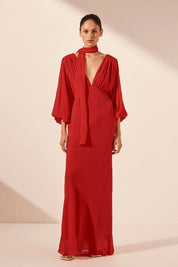 Shona Joy Amina Plunge Balloon Sleeve Maxi Chilli Dress 