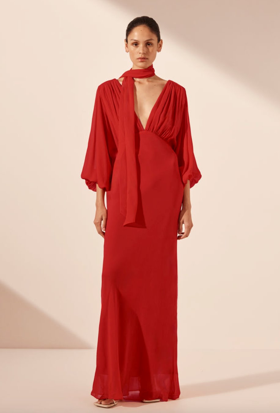 Shona Joy Amina Plunge Balloon Sleeve Maxi Chilli Dress 