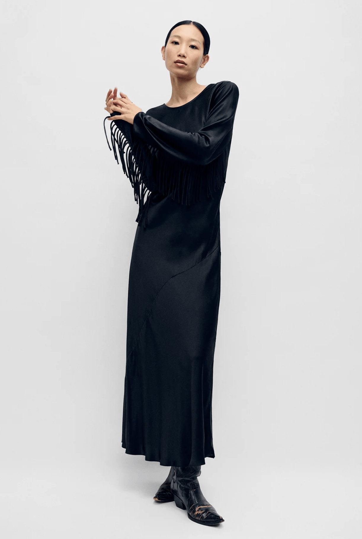 Silk Laundry Fringe Full Sleeve Bias Dress Dress 