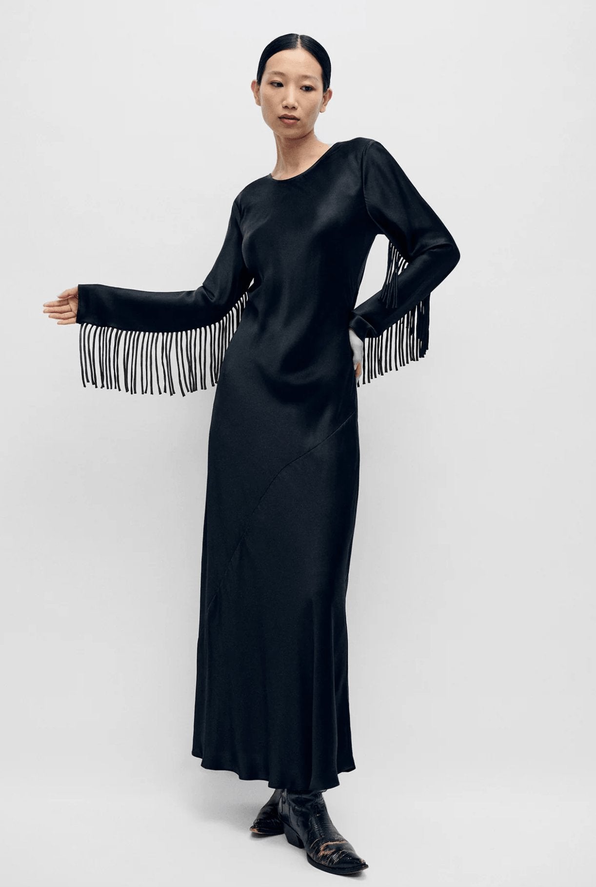 Silk Laundry Fringe Full Sleeve Bias Dress Dress 
