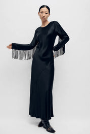 Silk Laundry Fringe Full Sleeve Bias Dress Dress 